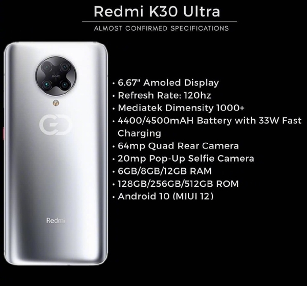 弹出式真全面屏/天玑1000+旗舰Soc Redmi K30 Ultra关键参数揭晓