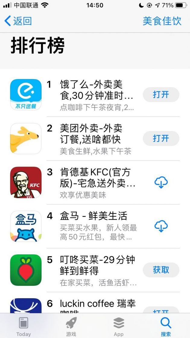 美团部分取消支付宝支付后，饿了么反超成 App Store 美食佳饮排行榜第一