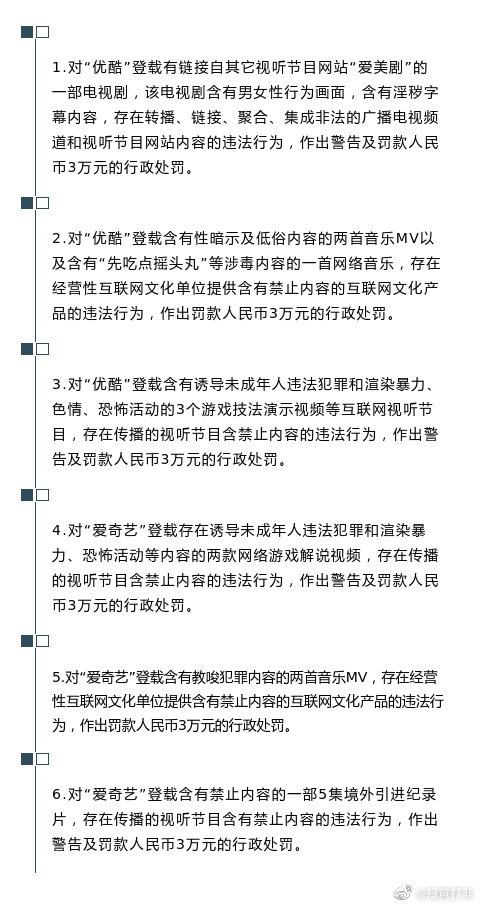 北京市文化执法部门对优酷、爱奇艺作出行政处罚：各罚款9万元