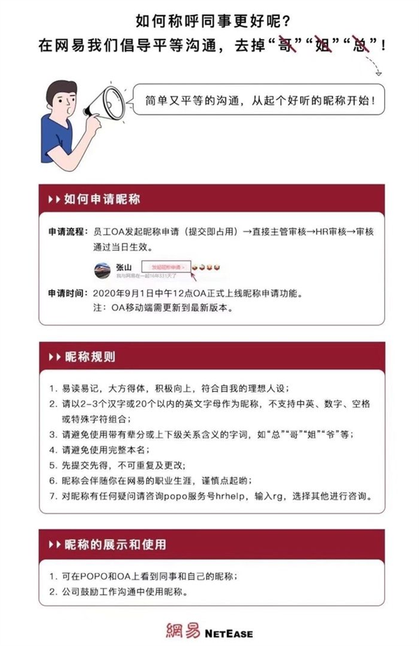 网易内部去掉“哥，姐，总”等称呼：用昵称代替