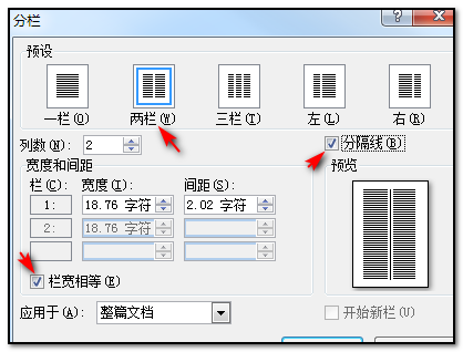 word文档中如何设置等宽两栏