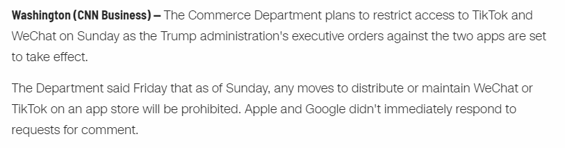 突发！美国宣布禁止TikTok和WeChat！本周日执行！